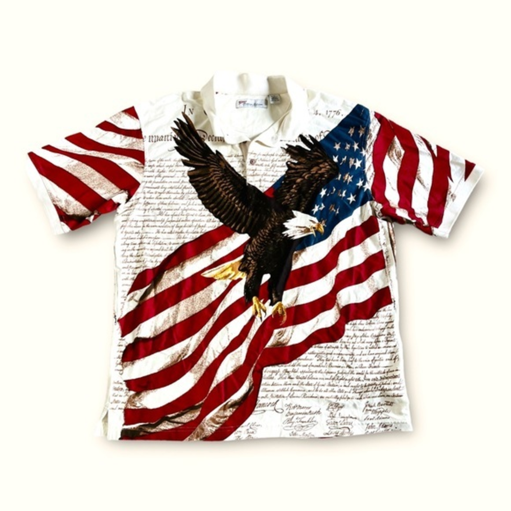 American Summer Polo Mens XL White Blue Flag Declaration of‎ Independence USA ✅